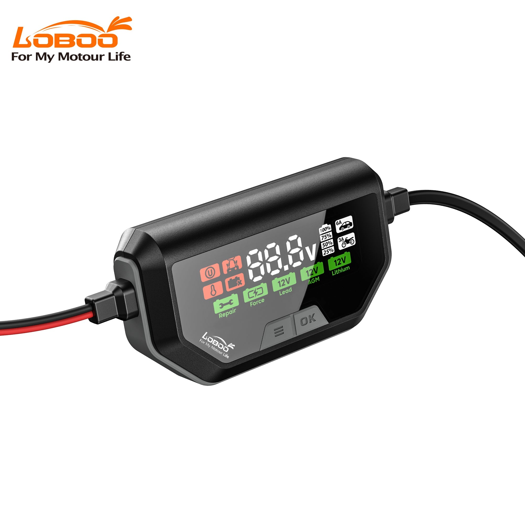 LOBOO C60 Smart Battery Charger & Maintainer (6A/3A) | 12V Lithium, AGM & Lead - Acid Desulfator with SAE Quick - Connect - LOBOO