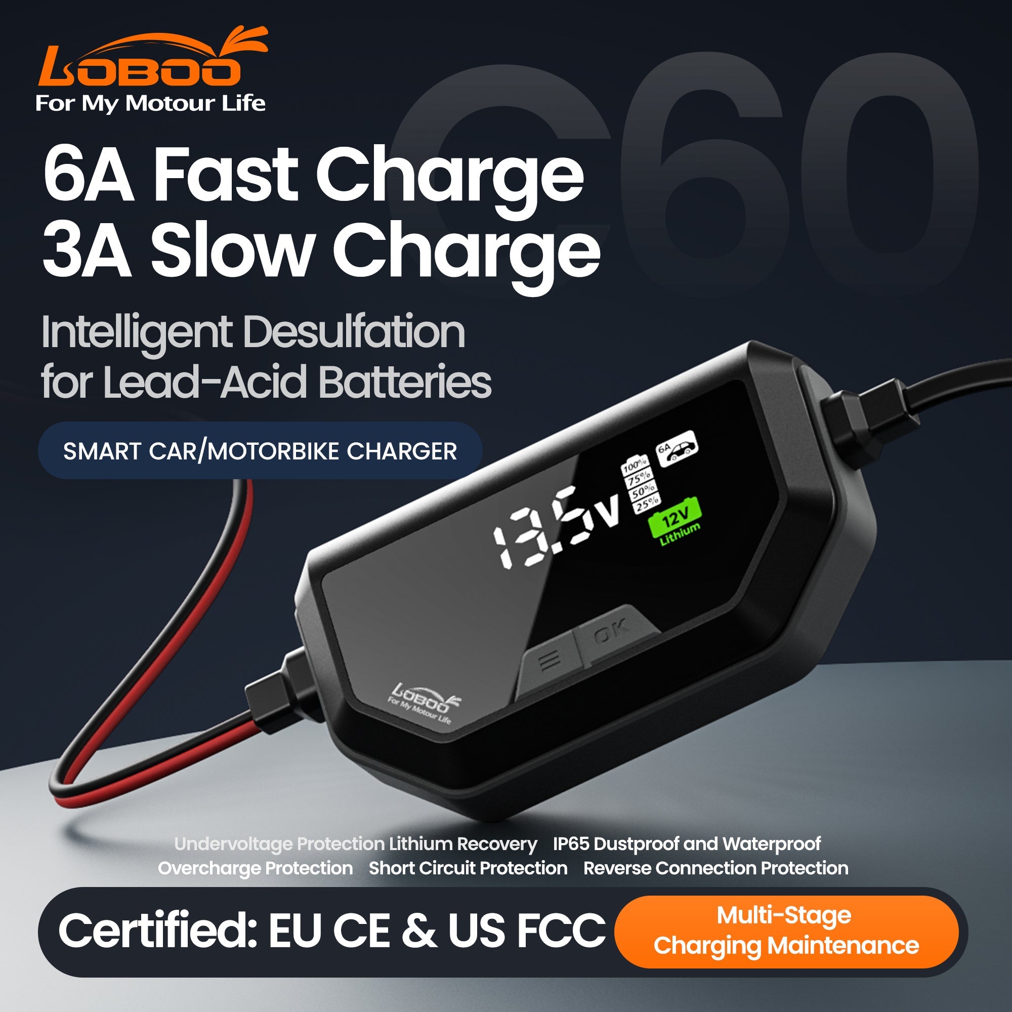 LOBOO C60 Smart Battery Charger & Maintainer (6A/3A) | 12V Lithium, AGM & Lead - Acid Desulfator with SAE Quick - Connect - LOBOO