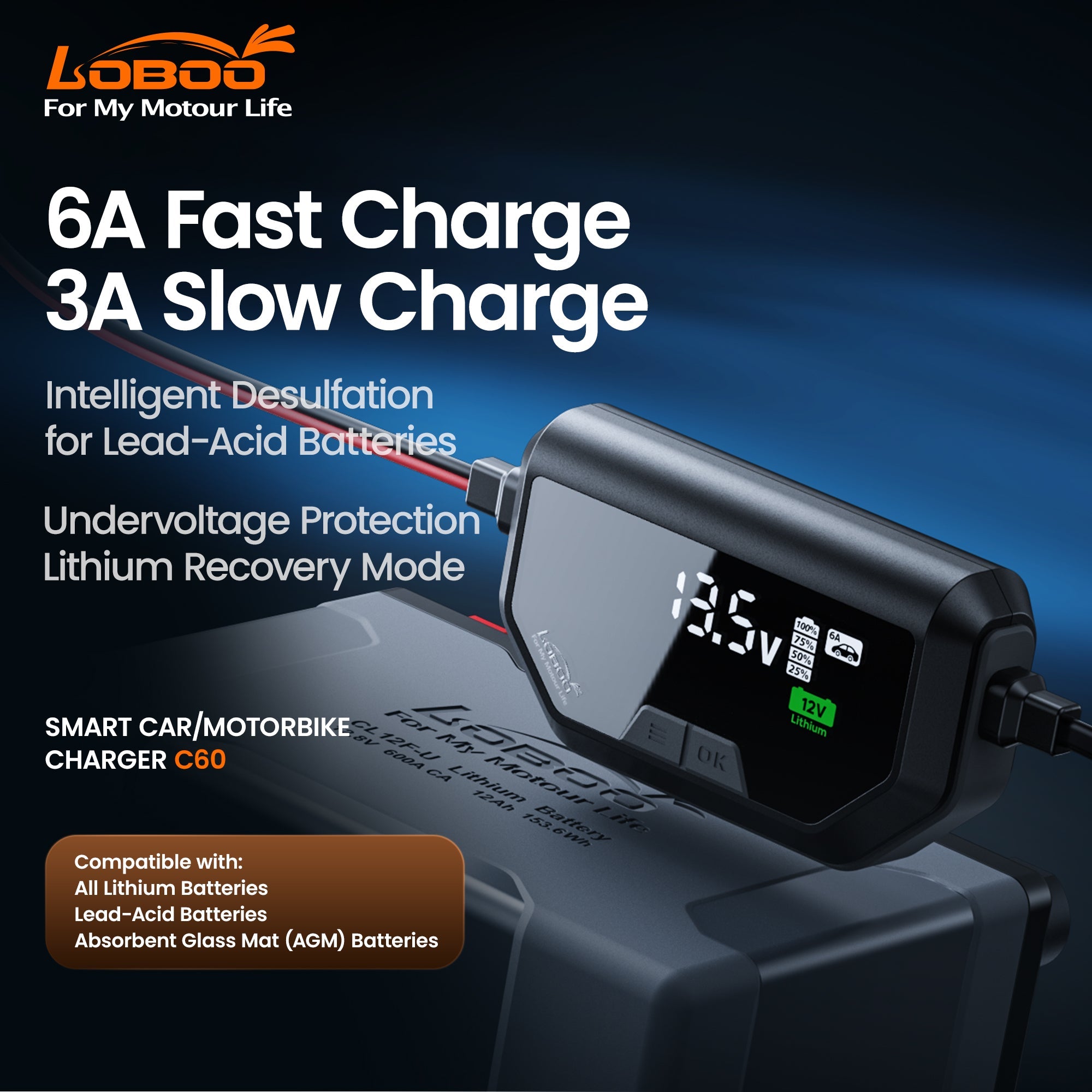 LOBOO C60 Smart Battery Charger & Maintainer (6A/3A) | 12V Lithium, AGM & Lead - Acid Desulfator with SAE Quick - Connect - LOBOO