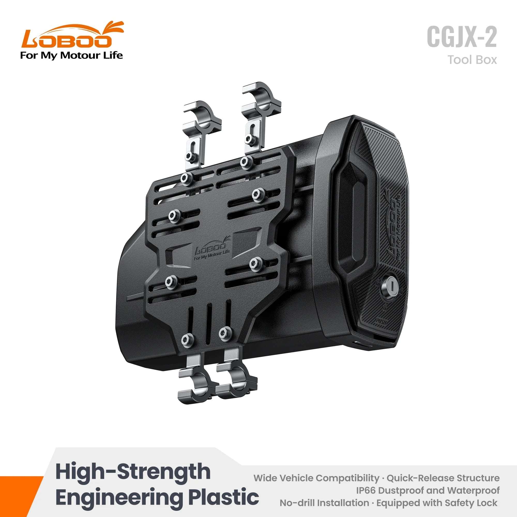 LOBOO CGJX - 2 Motorcycle Tool Box – IP66 Waterproof, Quick - Release, Lockable Storage for 18mm Side Rack (212–262mm Height Range) - LOBOO