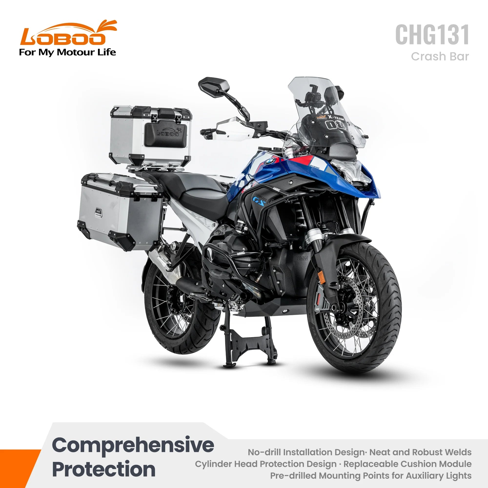 LOBOO CHG131 crash bar installed on BMW R1300GS side view