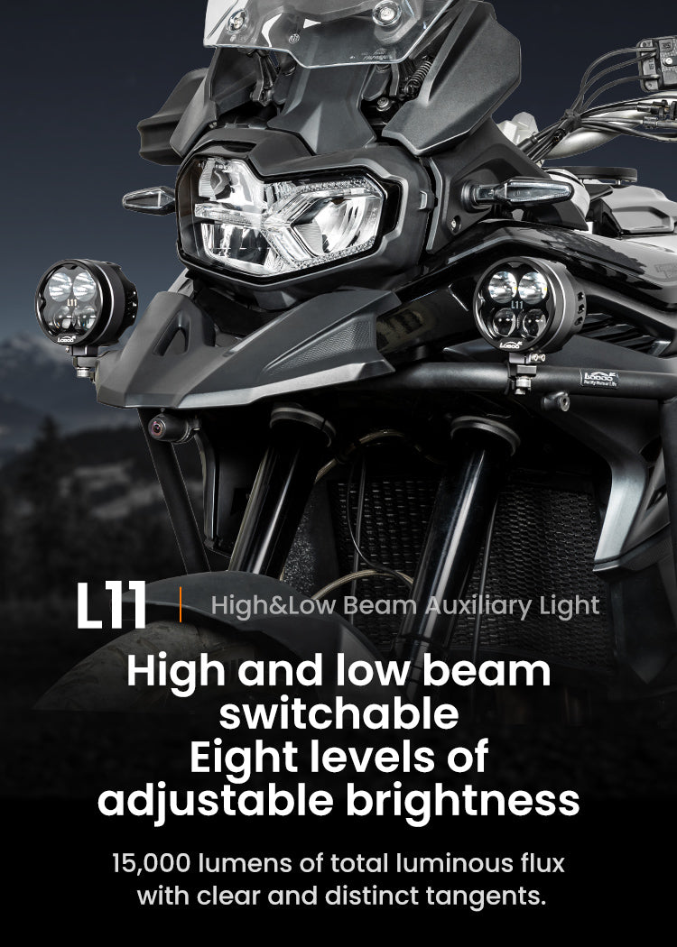 L11 Motorcycle Auxiliary Lights – 15000LM High/Low Beam with 3 Warning Modes, IP68 Waterproof, Intelligent Temp Control (Pair)