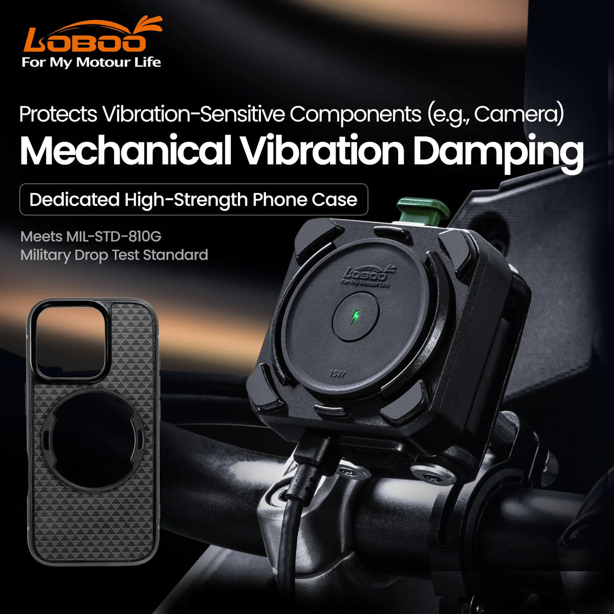 LOBOO PH04 Anti-Vibration Motorcycle Phone Mount with 15W Wireless & 30W Fast Charging for BMW, Honda, Yamaha ADV Motorcycles - LOBOO