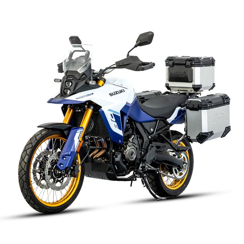 LOBOO Pike Tracker Aluminum Cases for Suzuki V - Strom 800DE | Exhaust - Cutout Panniers & Top Box System - LOBOO