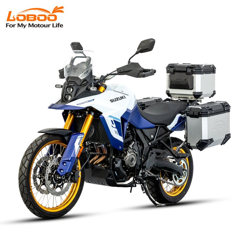 LOBOO Pike Tracker Aluminum Cases for Suzuki V - Strom 800DE | Exhaust - Cutout Panniers & Top Box System - LOBOO
