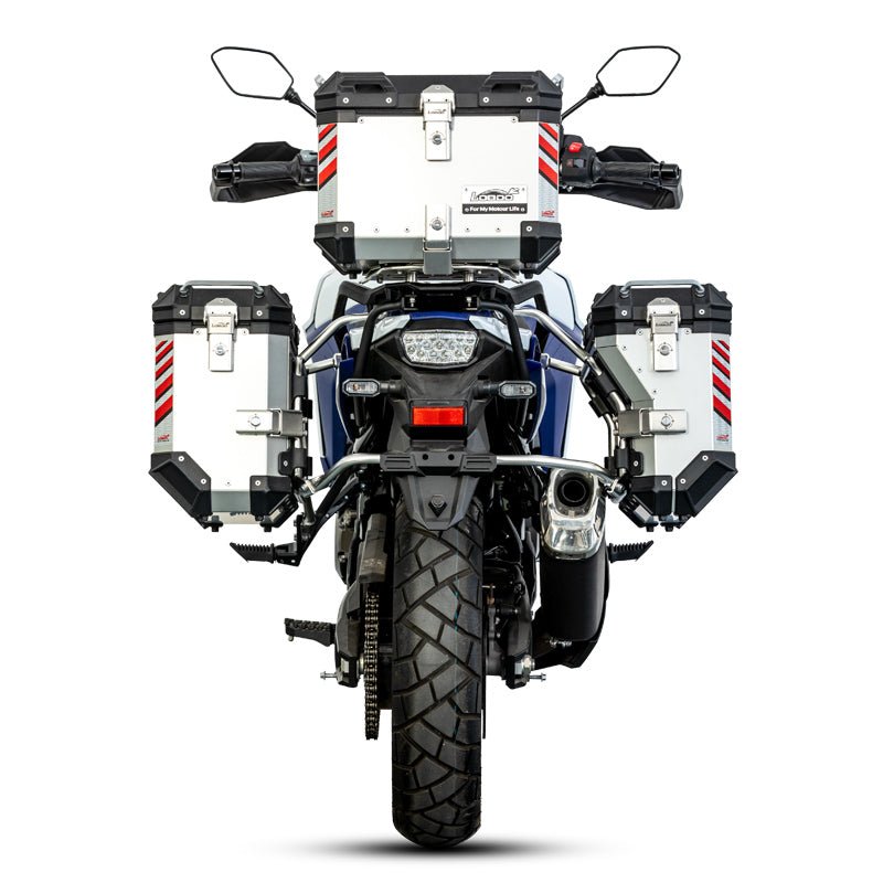LOBOO Pike Tracker Aluminum Cases for Suzuki V - Strom 800DE | Exhaust - Cutout Panniers & Top Box System - LOBOO