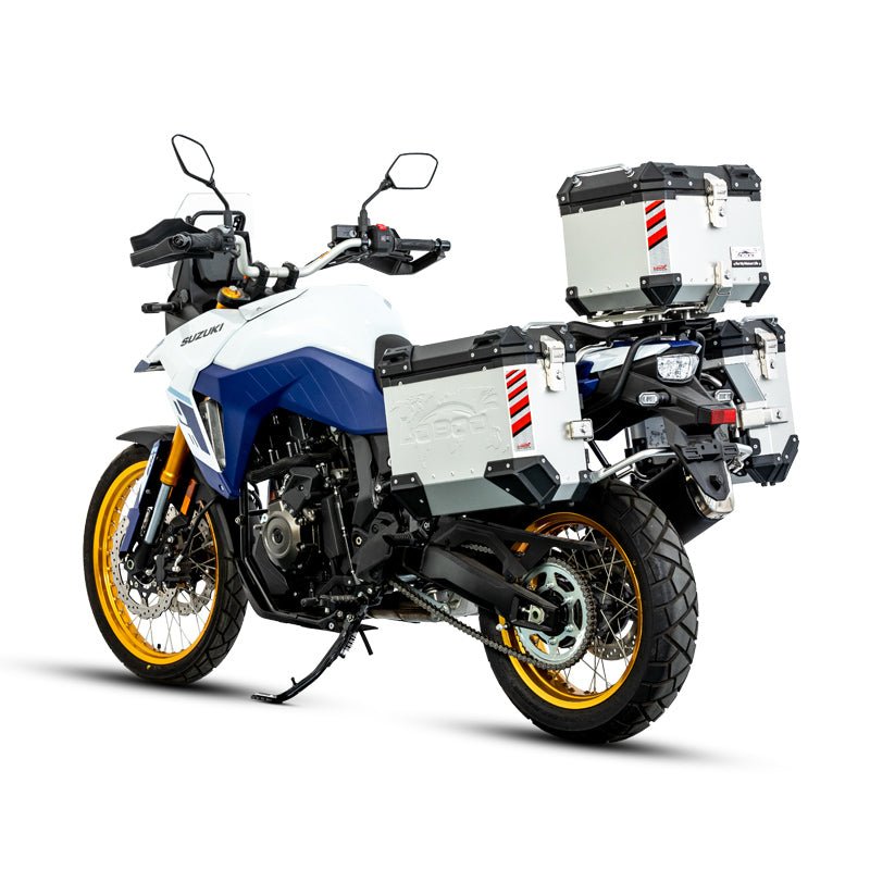 LOBOO Pike Tracker Aluminum Cases for Suzuki V - Strom 800DE | Exhaust - Cutout Panniers & Top Box System - LOBOO