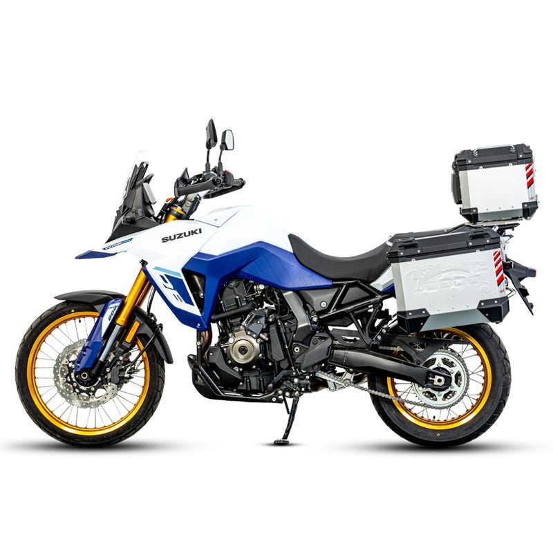 LOBOO Pike Tracker Aluminum Cases for Suzuki V - Strom 800DE | Exhaust - Cutout Panniers & Top Box System - LOBOO