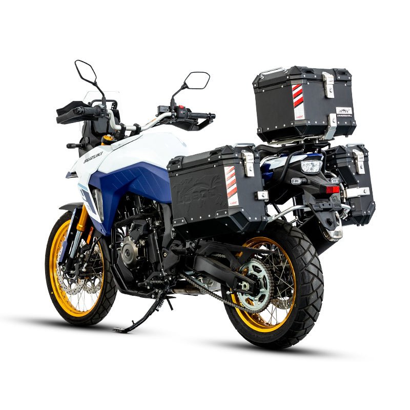 LOBOO Pike Tracker Aluminum Cases for Suzuki V - Strom 800DE | Exhaust - Cutout Panniers & Top Box System - LOBOO