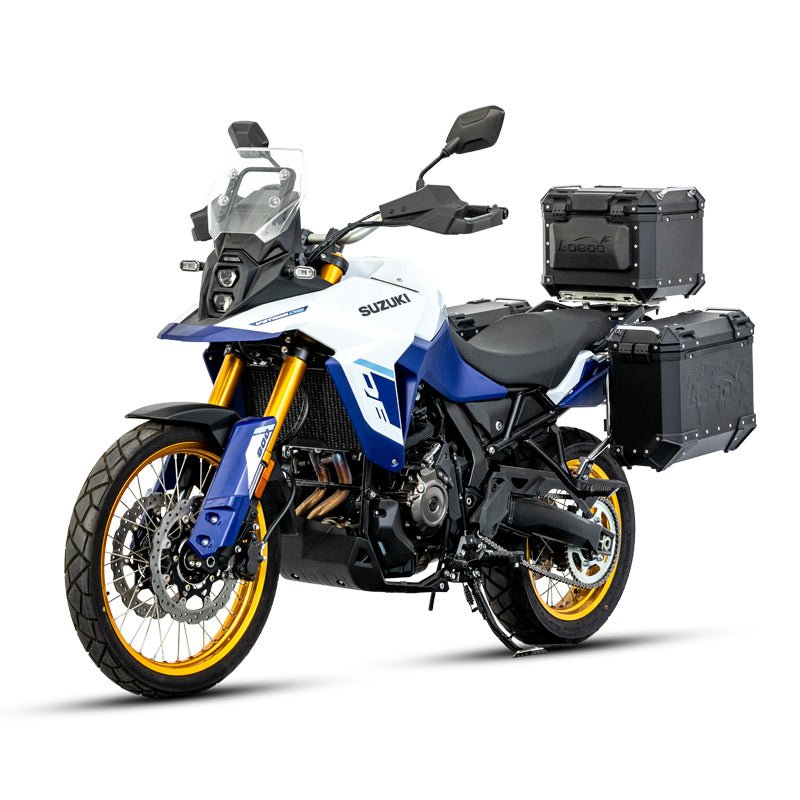 LOBOO Pike Tracker Aluminum Cases for Suzuki V - Strom 800DE | Exhaust - Cutout Panniers & Top Box System - LOBOO