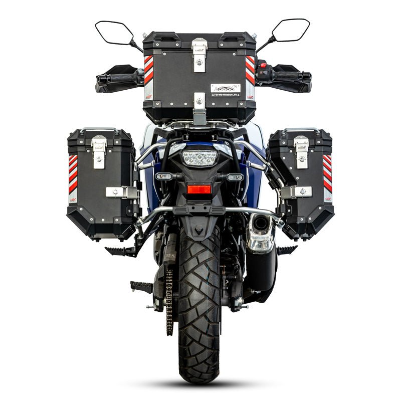 LOBOO Pike Tracker Aluminum Cases for Suzuki V - Strom 800DE | Exhaust - Cutout Panniers & Top Box System - LOBOO
