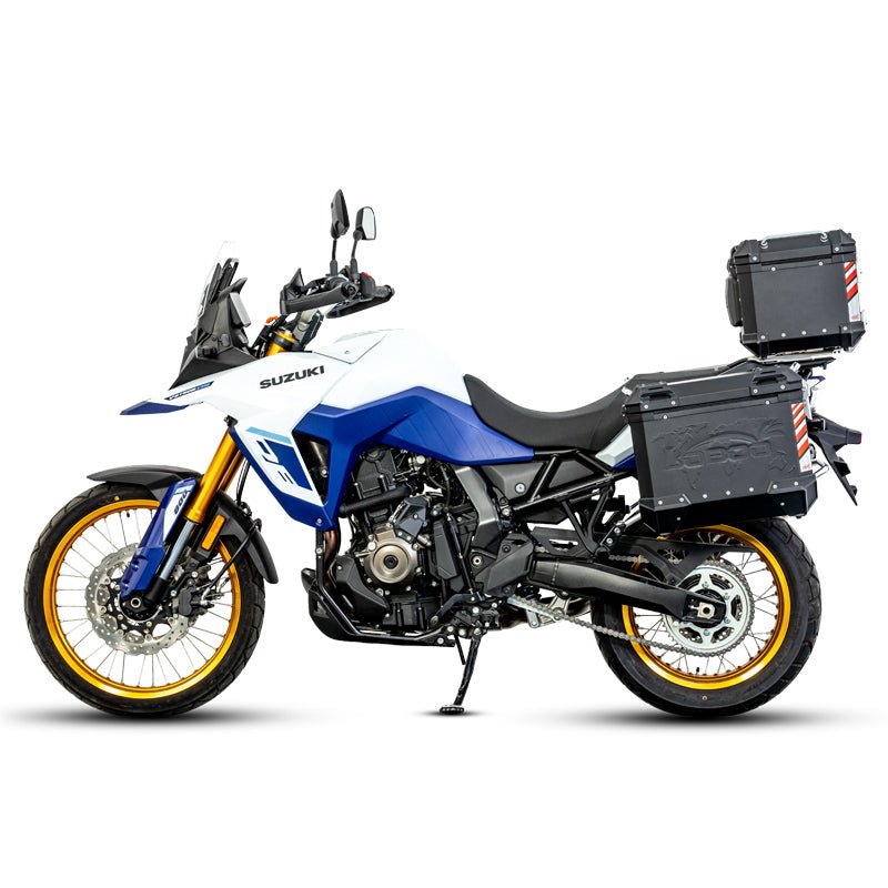 LOBOO Pike Tracker Aluminum Cases for Suzuki V - Strom 800DE | Exhaust - Cutout Panniers & Top Box System - LOBOO