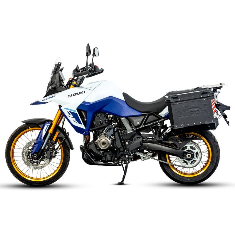 LOBOO Pike Tracker Aluminum Cases for Suzuki V - Strom 800DE | Exhaust - Cutout Panniers & Top Box System - LOBOO