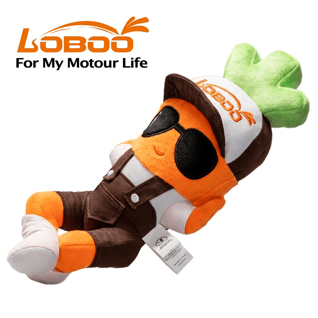 LOBOO plush carrot mascot on a white background with orange LOBOO logo at top left