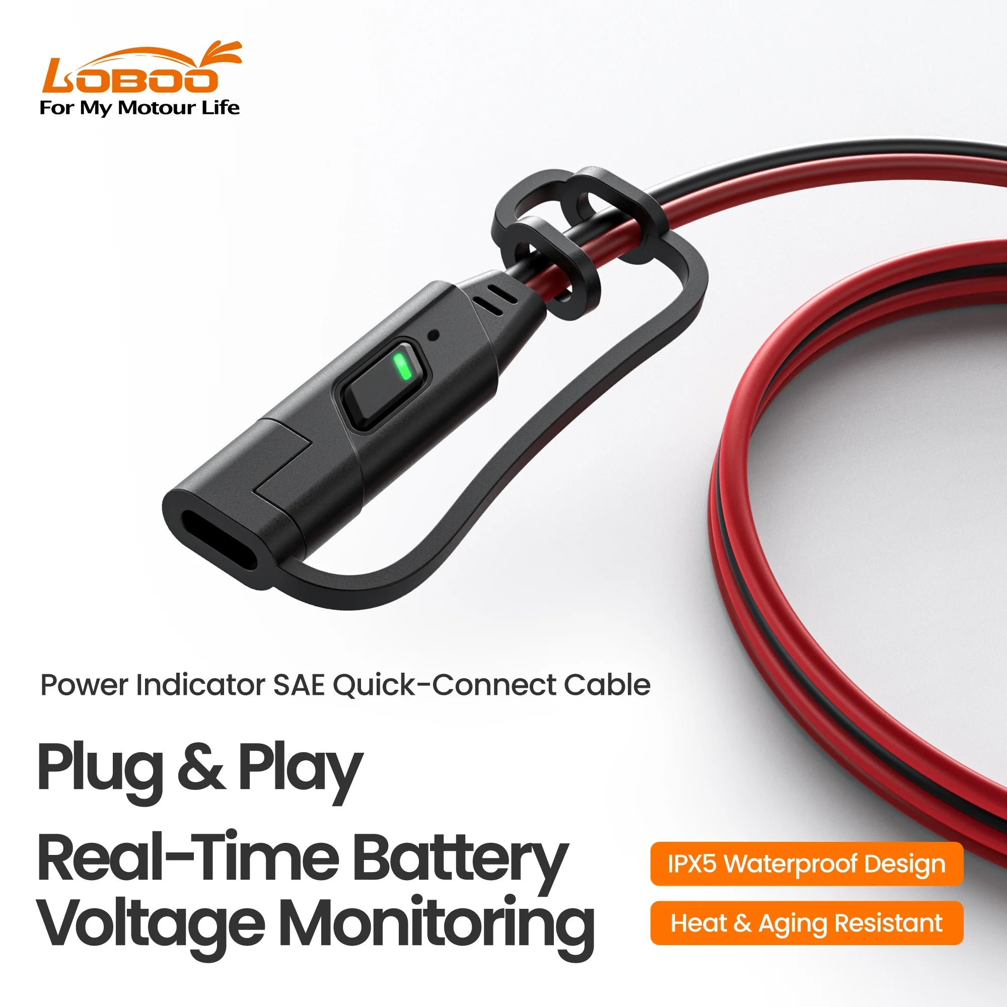 LOBOO Power Indicator SAE quick-connect cable with green LED battery voltage monitor