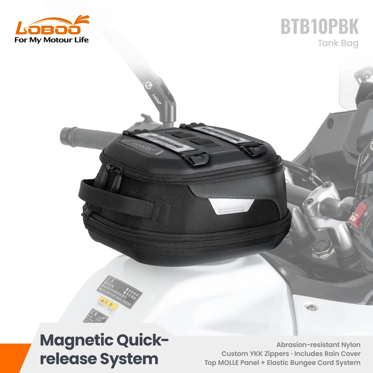 LOBOO Quick-Release Magnetic Motorcycle Tank Bag (BTB10PBK) for BMW R1250GS R1300GS, Honda Transalp Africa Twin, KTM ADV & More - LOBOO
