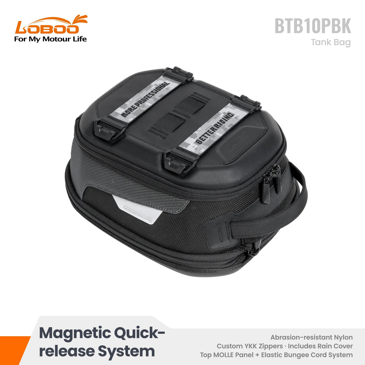 LOBOO Quick-Release Magnetic Motorcycle Tank Bag (BTB10PBK) for BMW R1250GS R1300GS, Honda Transalp Africa Twin, KTM ADV & More - LOBOO