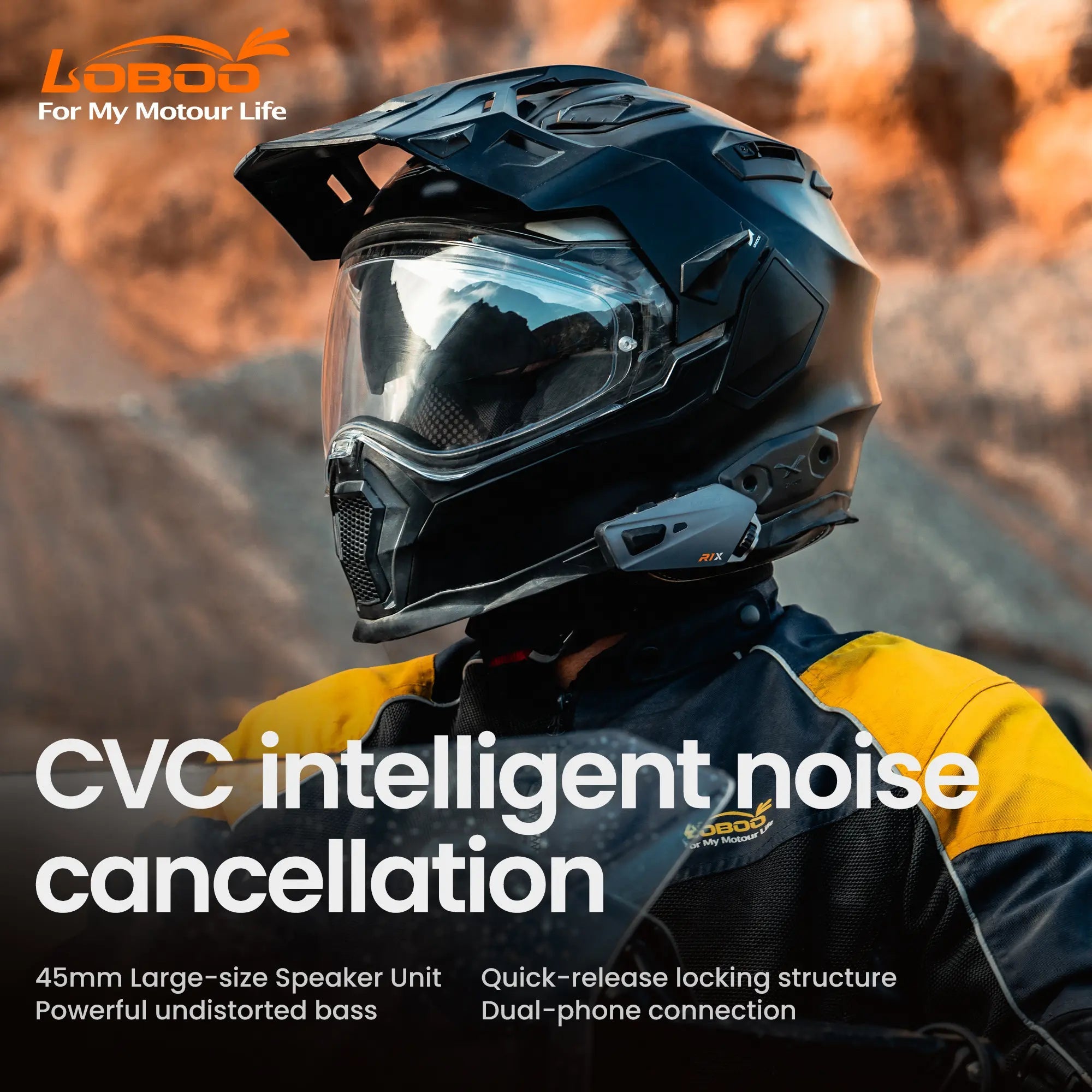 LOBOO R1X Motorcycle Helmet Headset - 45mm Speakers & CVC Noise Cancellation - LOBOO