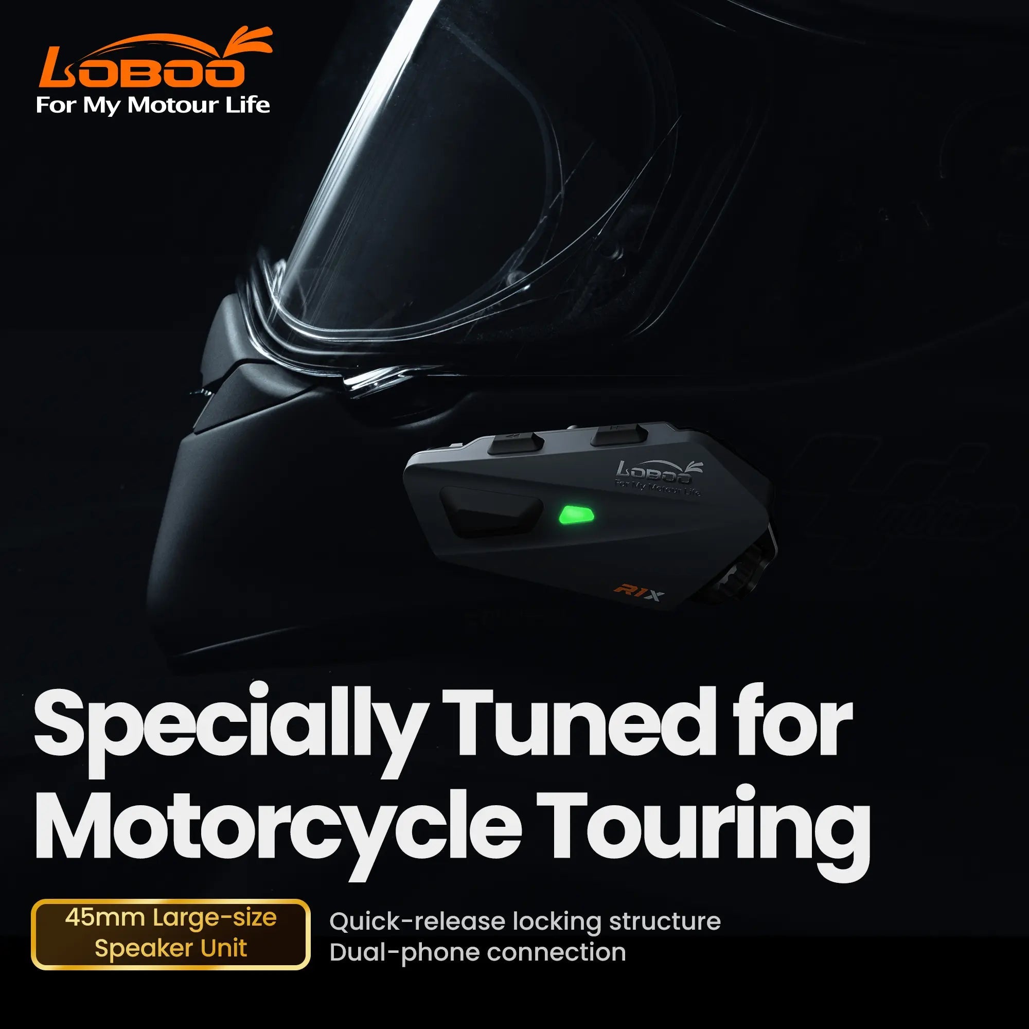 LOBOO R1X Motorcycle Helmet Headset - 45mm Speakers & CVC Noise Cancellation - LOBOO