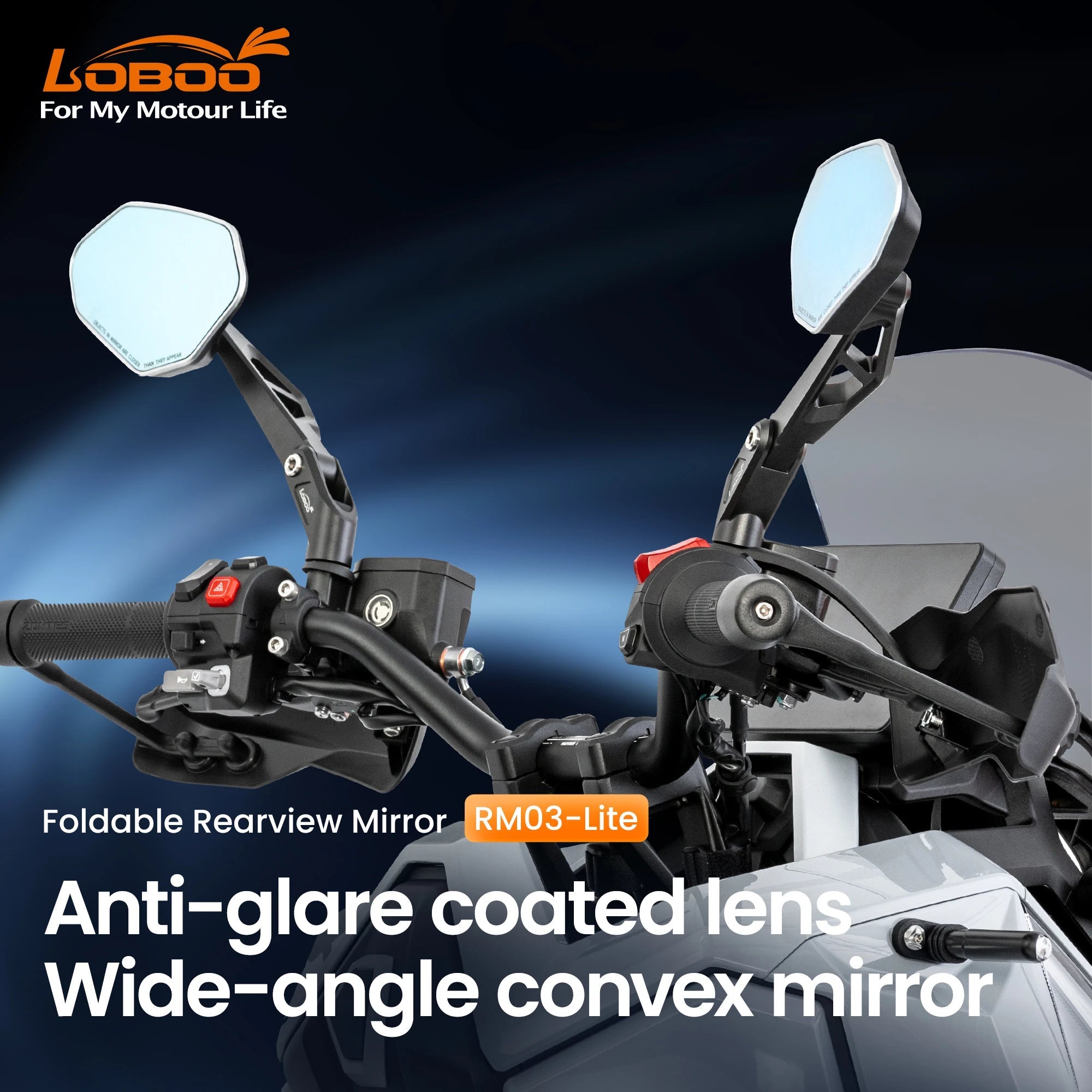 LOBOO RM03 - Lite Foldable Adventure Mirrors | 1200R Wide - Angle & Anti - Glare | Universal Fit - LOBOO