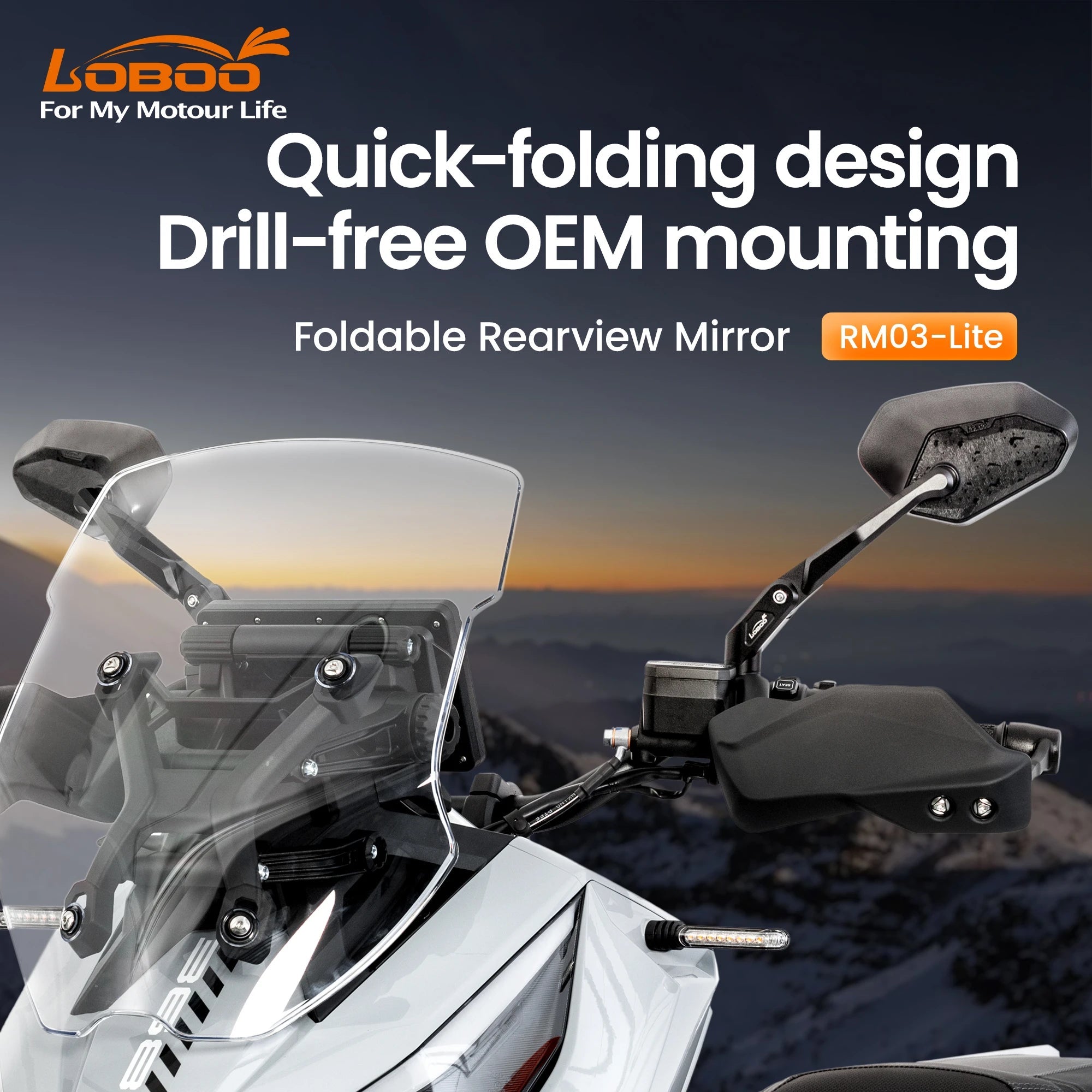 LOBOO RM03 - Lite Foldable Adventure Mirrors | 1200R Wide - Angle & Anti - Glare | Universal Fit - LOBOO