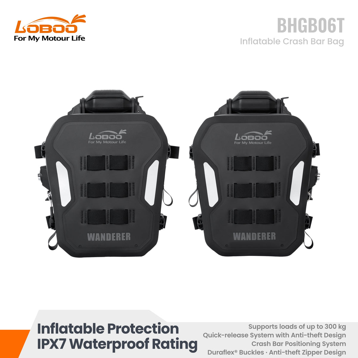LOBOO BHGB06T inflatable motorcycle crash bar bag pair with front webbing and reflective strips