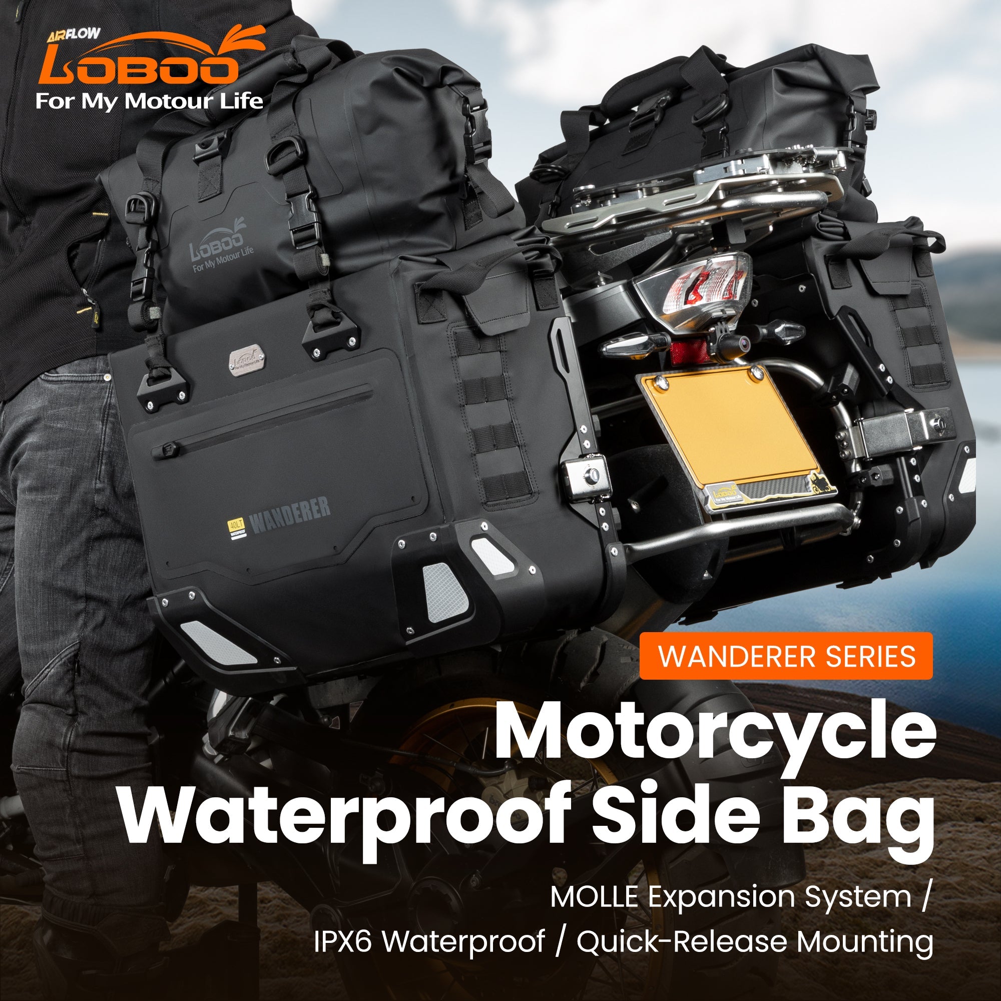 LOBOO Wanderer Waterproof Side Bags (30L/40L) | Quick - Release Soft Pannier System with MOLLE - LOBOO