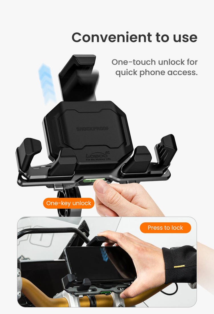 Motorcycle Phone Holder – Magnetic Damping, Auto - Lock Holder with Wired & Wireless Fast Charging, 360° Rotation for Handlebar 22–32mm - LOBOO