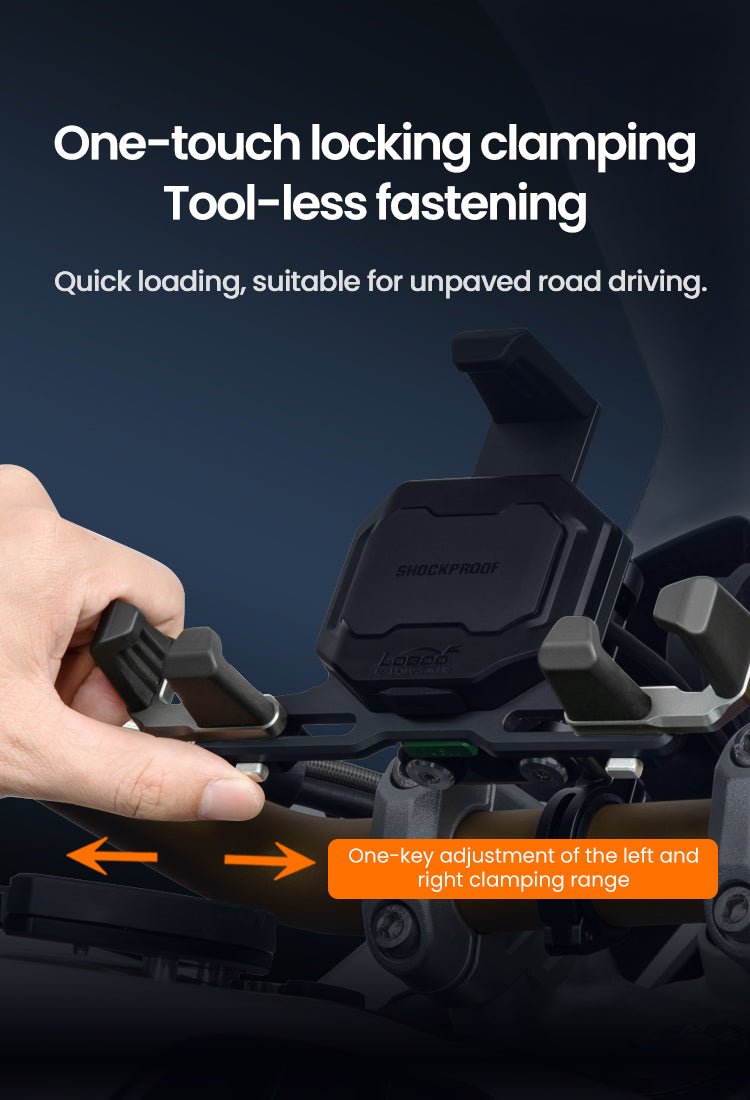 Motorcycle Phone Holder – Magnetic Damping, Auto - Lock Holder with Wired & Wireless Fast Charging, 360° Rotation for Handlebar 22–32mm - LOBOO