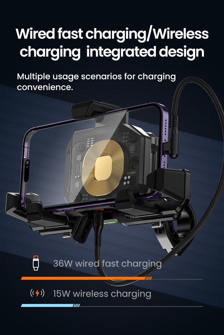 Motorcycle Phone Holder – Magnetic Damping, Auto - Lock Holder with Wired & Wireless Fast Charging, 360° Rotation for Handlebar 22–32mm - LOBOO